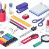 Isometric stationery. School supplies glue, notebook, material, pen, scissors, stapler, ruler, eraser. Office tools and equipment vector set for education. Stationers shop accessories