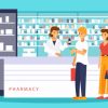 Woman pharmacist at the counter in drugstore and patients in queue. Man buys drugs at the pharmacy. Store interior with showcases and shelves with medicines. Health care medical vector concept.
